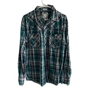 BKE Mens Western Snap Plaid Shirt Green Athletic Fit Thick Stitch Large‎
